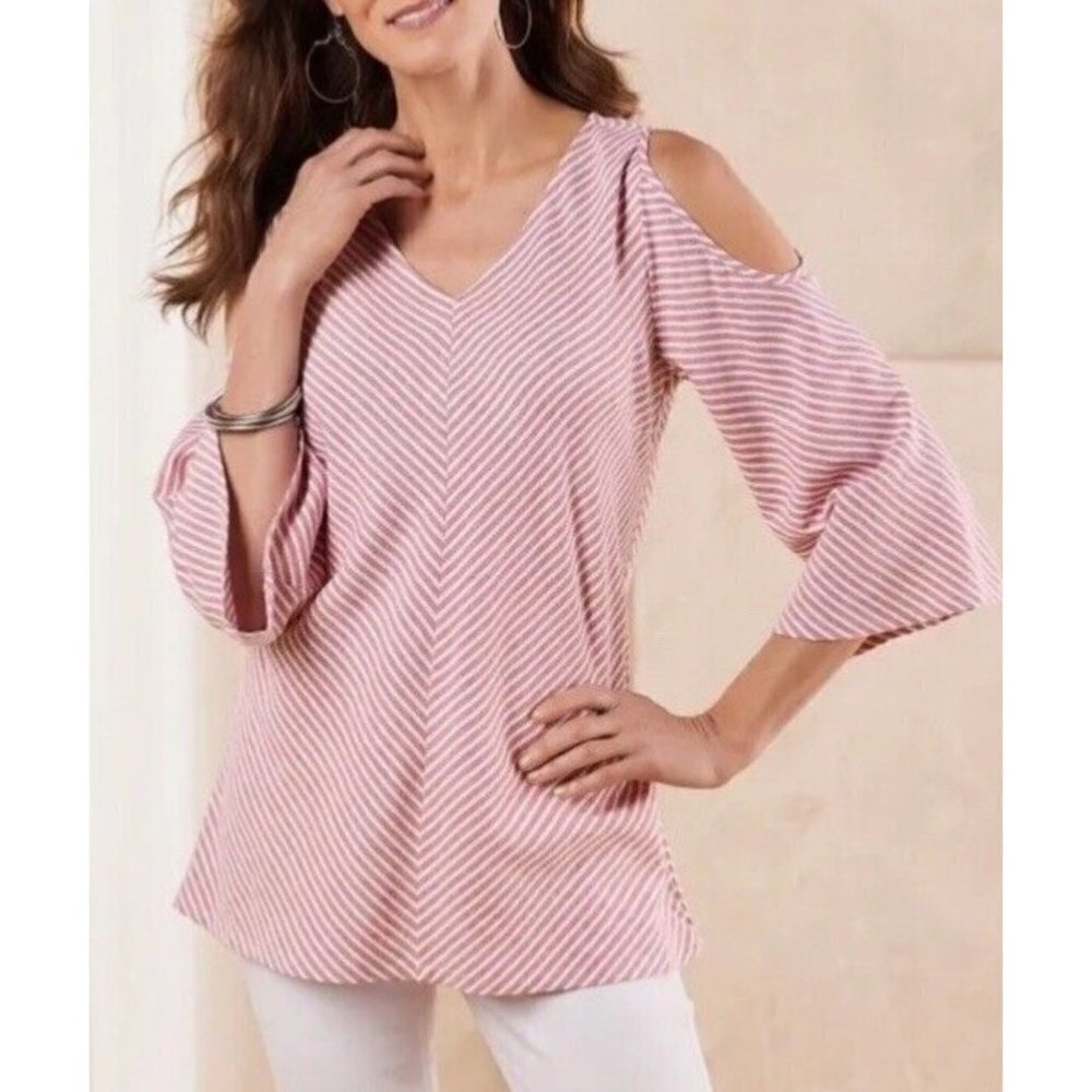 Soft Surroundings Womens 3/4 Cold Sleeve Linen Blend Striped Tunic Blouse 2x